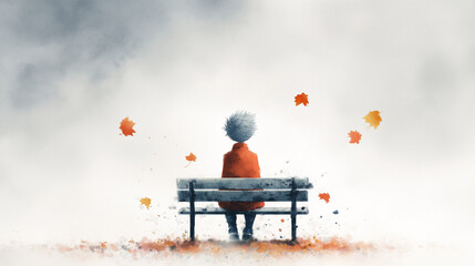 Lonely boy sitting on a park bench in autumn with falling leaves, watercolor illustration for emotional storytelling, melancholy mood, book cover, poster design, and background