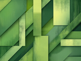 Abstract green geometric background with layered shapes and textures, creating modern and dynamic visual effect. varying shades of green evoke sense of freshness and vitality