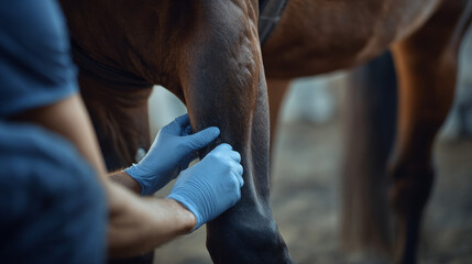 Veterinarian checking the tendons in a horse’s leg
