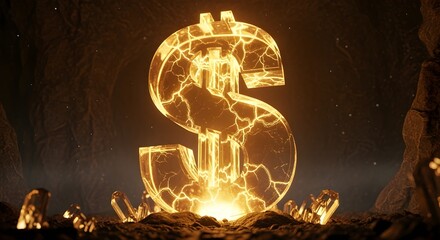 Dollar sign carved into a giant glowing crystal.