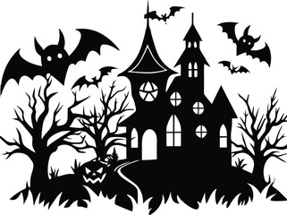 Halloween silhouette of a spooky haunted house with bats and a pumpkin, perfect for halloween decorations and spooky designs