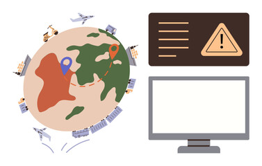 Earth with transport vehicles, map pins marking locations, and a computer screen displaying warning alert. Ideal for logistics, delivery, global trade, supply chain, technology, planning risk