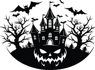 Halloween spooky halloween night featuring a haunted castle, bats, bare trees, and a grinning jackolantern pumpkin silhouette