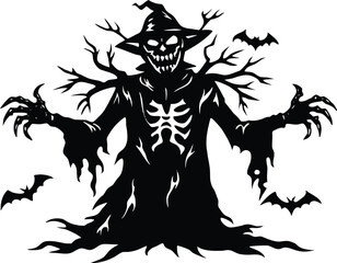 Halloween spooky halloween scarecrow with bats creepy monster with skeleton and branches halloween vector illustration