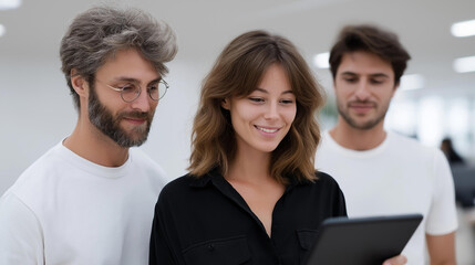 Group exploring tech analytics on a tablet, digital innovation in business planning, technology advancement in strategy development, smart solutions for data insights