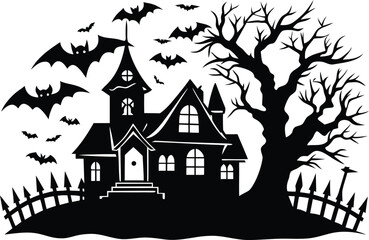 Halloween eerie halloween night scene featuring a haunted house, bats, bare tree, and fence in a black and white vector illustration