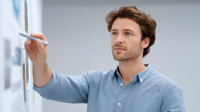 Businessperson presenting tech plans on a screen, data-driven progress in team collaboration, technology advancement in presentation tools, smart solutions for strategy sharing