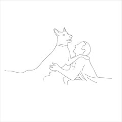 man hugging dog, line art