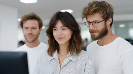 Team analyzing data screens in a tech hub, digital innovation in strategic planning, technology advancement in collaborative analysis, smart solutions for business insights