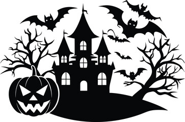 Halloween eerie halloween scene silhouette, featuring a haunted castle, bats, a spooky pumpkin, and bare trees for festive designs