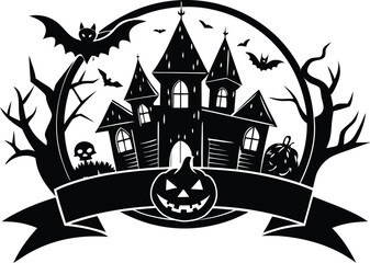 Halloween eerie halloween night silhouette illustration featuring a haunted house, bats, pumpkin, and skull, perfect for spooky designs