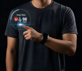 Man using futuristic holographic interface to monitor vital signs including heart rate and blood oxygen levels