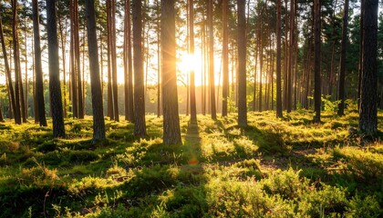 Golden sunlight streams through a dense pine forest