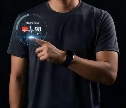 Man using futuristic holographic interface to monitor vital signs including heart rate and blood oxygen levels - Powered by Adobe