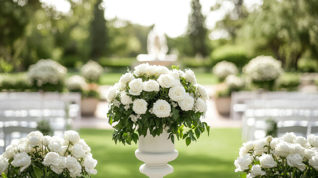 Elegant white roses in floral arrangement set scene for beautiful garden wedding. lush greenery and soft sunlight create romantic , perfect for memorable celebration