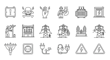 Naklejka premium Vector illustration of set of electricity and power icons, representing electrical safety, equipment, and infrastructure in a linear style