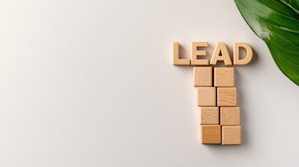 Lead wooden blocks arranged creatively with green leaf accent. This symbolizes growth and leadership in modern setting, perfect for business or motivational themes
