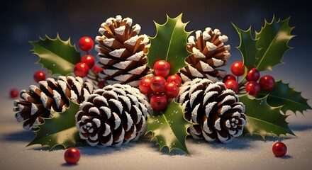 Obraz premium Festive Christmas Arrangement with Pine Cones, Holly, and Berries.