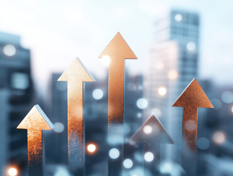 Financial growth arrows symbolize progress and success in modern urban setting. blurred cityscape in background adds dynamic feel, emphasizing upward movement and potential