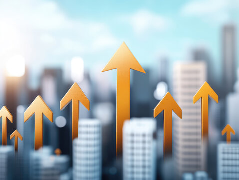 Golden arrows symbolize financial growth against city skyline, representing progress and success in business. image conveys optimism and upward momentum in financial sector