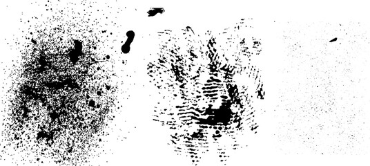 Abstract Black Ink Splatter and Textured Fingerprint Patterns on White.
