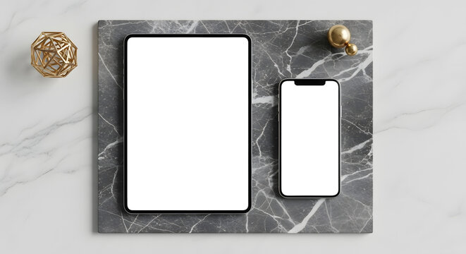 Overhead view of a tablet and smartphone with blank screens, arranged on a marble-textured surface, alongside decorative golden objects.