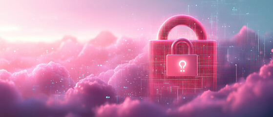 digital padlock surrounded by pink clouds symbolizes security and protection in virtual environment. soft hues create dreamy , emphasizing importance of safeguarding information