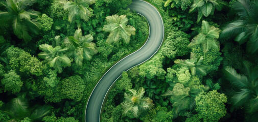 Winding road through lush green forest, surrounded by dense foliage and tropical plants, creating vibrant and natural landscape