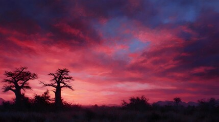 Obraz premium African baobab trees silhouetted against a dramatic vivid sunset sky over the savanna