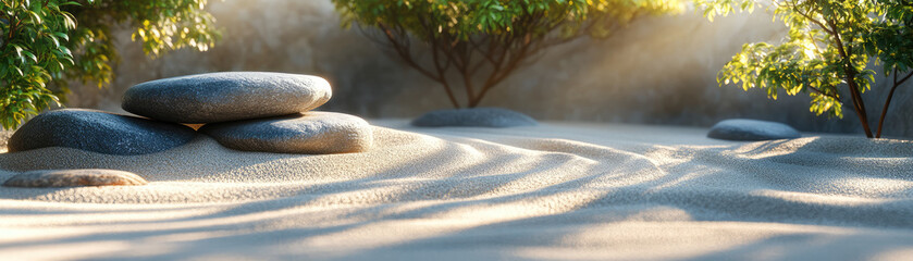 Obraz premium peaceful zen garden scene featuring smooth stones arranged on fine sand, surrounded by lush greenery and soft sunlight filtering through trees, creating calming
