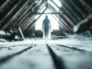 mysterious figure stands in dimly lit attic, surrounded by swirling mist. wooden floorboards create haunting , enhancing eerie presence of silhouette