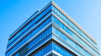 A close-up of a multicolored office building in the city, showcasing urban contemporary architecture on a clear day.