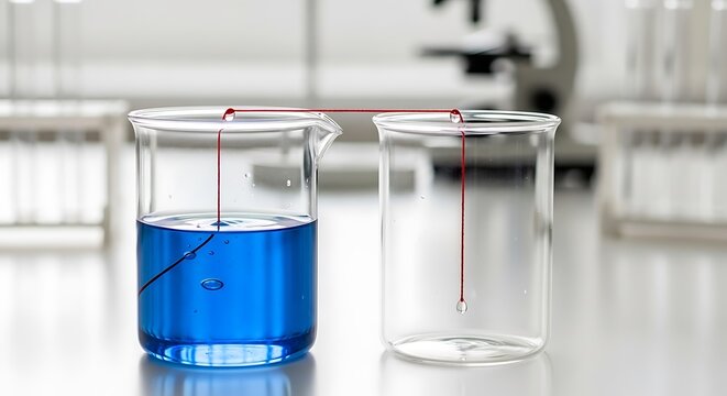 Capillary Action Experiment - Blue Liquid Transfer Between Beakers.