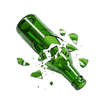 Shattered green glass bottle, isolated on transparent or white background. PNG