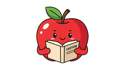A cute cartoon red apple with a green leaf is reading a book with a smile on a white background.