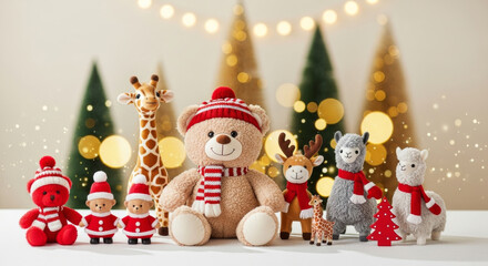 Plush bear, giraffe, reindeer, alpaca, and festive dolls wear red hats and scarves, surrounded by Christmas trees and lights, creating joyful holiday atmosphere with soft toys