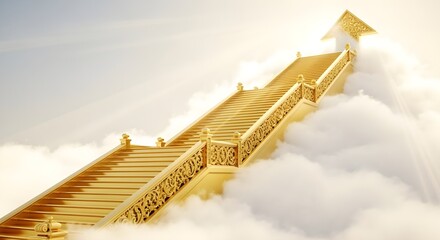 Golden staircase shaped like an upward arrow leading into the clouds.