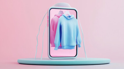 3D smartphone displays two colorful hoodies, one pink and one blue, against soft pink background. modern design highlights vibrant clothing, creating stylish presentation