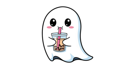 A cute cartoon ghost drinks bubble tea with a pink straw and holds the cup with both hands.
