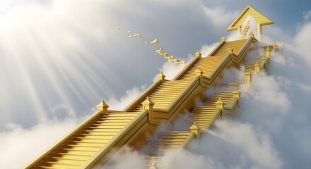 Golden staircase shaped like an upward arrow leading into the clouds.