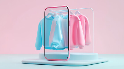 Stylish smartphone displaying colorful hoodies on modern stand. vibrant pink and blue sweatshirts create playful , perfect for fashion enthusiasts