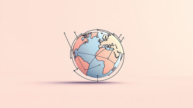 minimalist illustration of globe featuring continents soft colors, symbolizing global connectivity and exploration. design includes lines connecting various points, enhancing sense of - Powered by Adobe