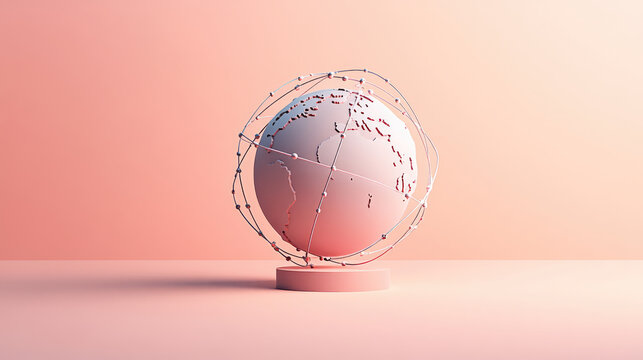 minimalist illustration of globe surrounded by wireframe structure, set against soft pink background. This design symbolizes global connectivity and modern technology - Powered by Adobe