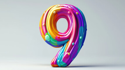 Colorful number nine made of glossy paint, vibrant swirls and playful dots. This artistic design adds fun touch to any creative project