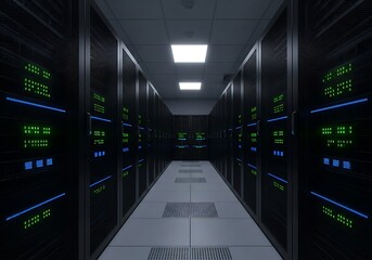 Aisle of a dark server room with rows of computer racks and glowing blue and green lights