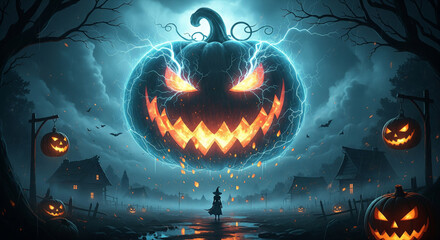 Giant glowing jack o lantern with lightning spooky village eerie atmosphere Halloween night witch silhouette dark sky haunted houses bats flying dramatic fantasy scene