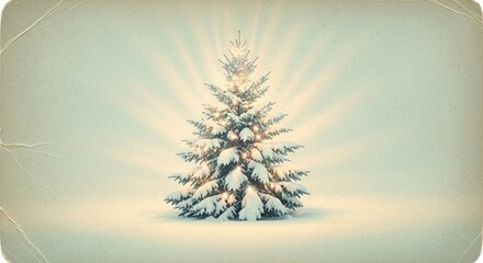 Cozy vintage holiday card featuring a snow-dusted evergreen tree illuminated with soft warm lighting, perfect for festive design