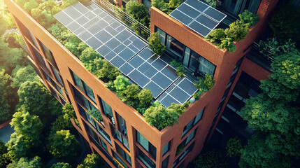 The transformation of an urban office building, retrofitted with modern solar panels - AI-generated.