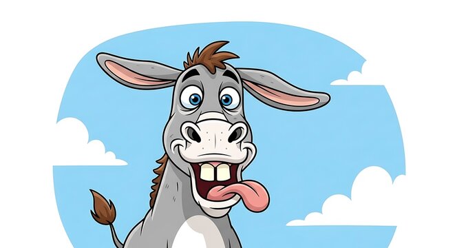 Cartoon Donkey with Tongue Out Against a Blue Sky Background.