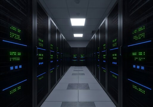 Aisle of a dark server room with rows of computer racks and glowing blue and green lights - Powered by Adobe